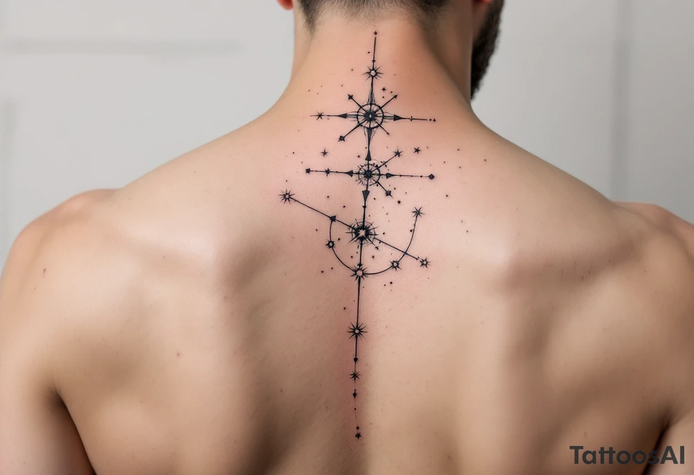 A star map-style Sagittarius star constellation tattoo in muted grays and whites, placed along the spine. tattoo idea