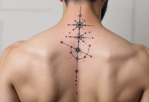 A star map-style Sagittarius star constellation tattoo in muted grays and whites, placed along the spine. tattoo idea