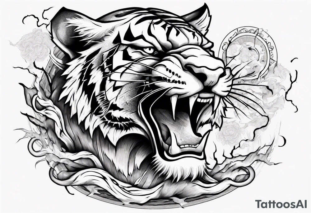 Ancient tiger with lightning and a sun for a forearm sleeve. With patterns surrounding it tattoo idea