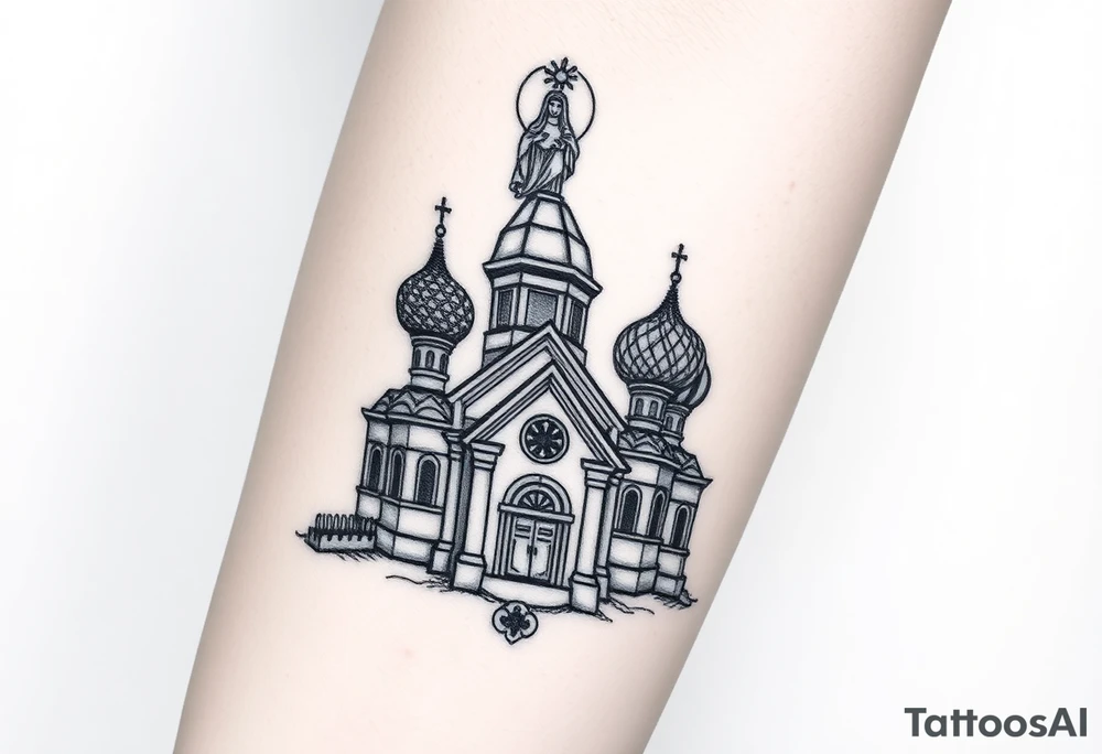 in a dorsal view a detailed medium sized country style orthodox church with onion domes and a band at the front with mist shrouding the top and fading into a virgin mary overlooking above at the top tattoo idea
