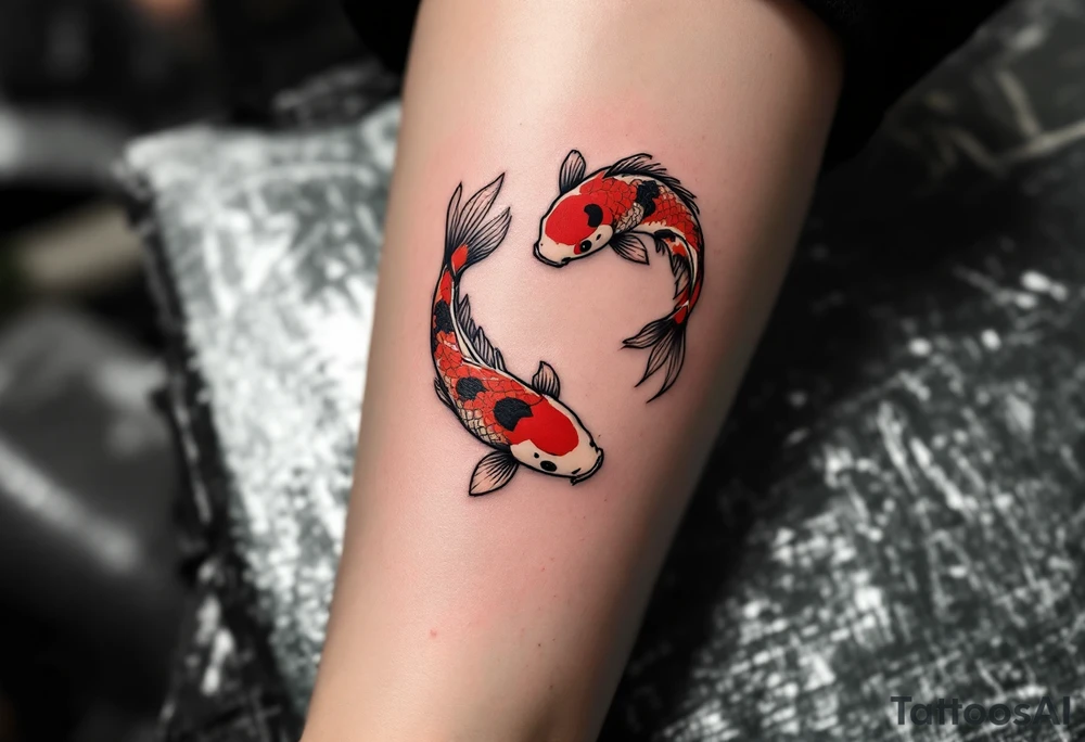Two red and black koi fish swimming in a circle, the first tattoo larger on the calf, and the second smaller on the ankle. tattoo idea