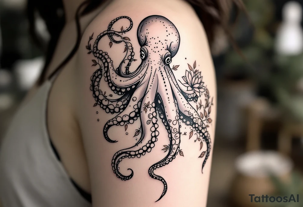 realistic octopus, detailed linework, black-and-grey shading, elegant floral vine, intertwining tentacles, thin black swirling lines, semi-transparent brown leaves, delicate mandala flower, dotwork, ornamental flourishes, radiating design, fine-line style, minimalistic, organic flow, feminine, artistic, slightly surreal, seamless composition, marine botanical fusion, lifelike texture, graceful rhythm, natural growth integration, upper arm placement, shoulder curve, body-following design, smooth shading, soft leaves wrapping, blooming shoulder flower, outward radiating pattern, vine tentacle flow, integrated sea creature, botanical octopus, arm shoulder tattoo, curved body placement, natural organic movement tattoo idea