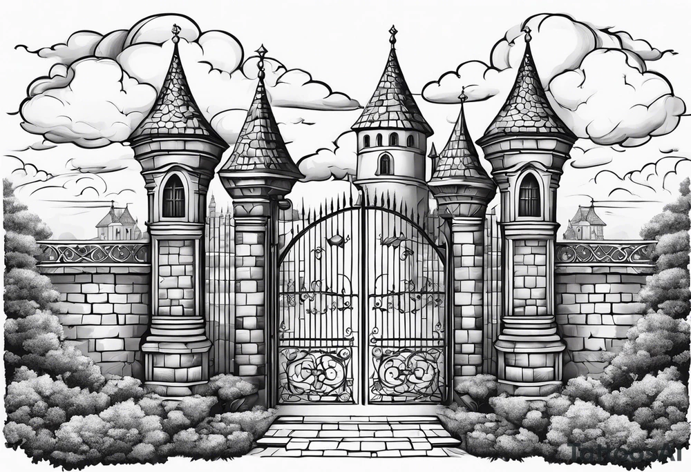 sky medieval town garden with towers small houses gate entrance clouds
 in twisted  vignette tattoo idea