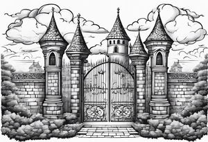 sky medieval town garden with towers small houses gate entrance clouds
 in twisted  vignette tattoo idea