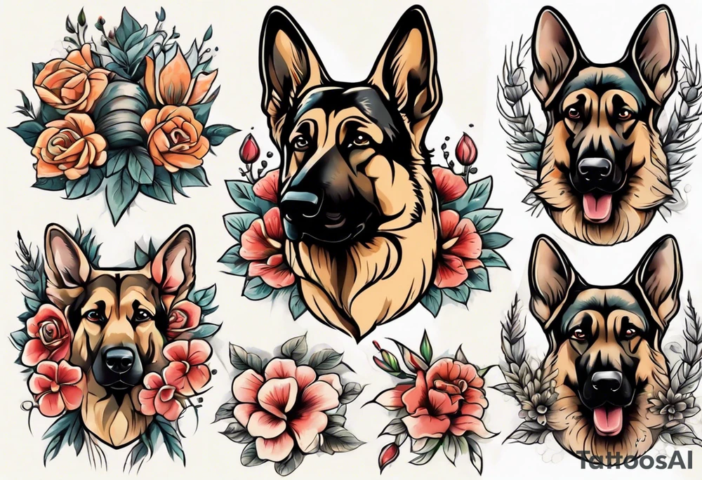 German shepherd portrait with flowers tattoo idea
