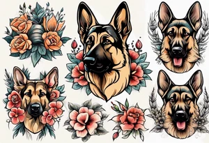 German shepherd portrait with flowers tattoo idea