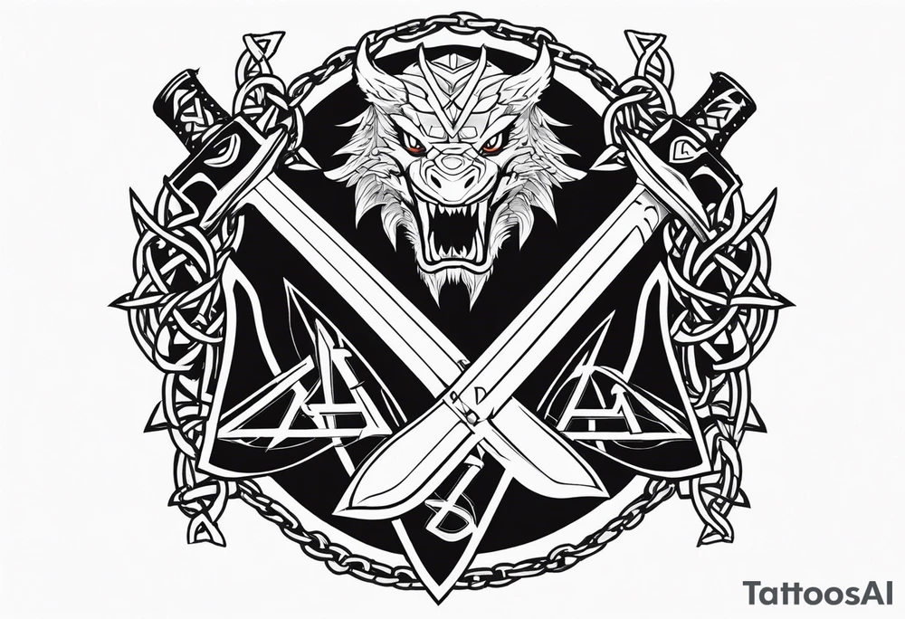 Valhalla sword shield dragon axe Valknut barbed wire chains tattoo idea Valhalla sword shield dragon axe Valknut barbed wire chains tattoo idea