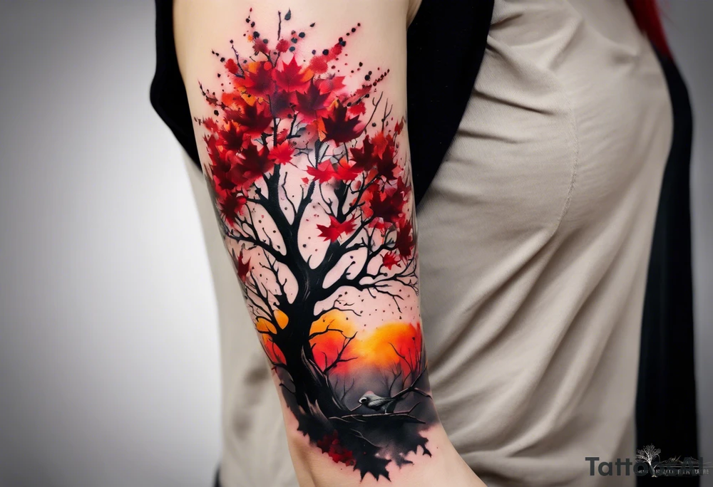 trash polka style. Arm tattoo. Long tattoo. Full sleeve. Shoulder. A single large maple tree with red autumn leaves that branches upwards from wrist to shoulder. White-throated dipper bird on the trees branches. Calluna flowers at the base of the trees stem. Tree stem has dark colors. Red/yellow sunset behind the trees stem. Leaves falling. tattoo idea