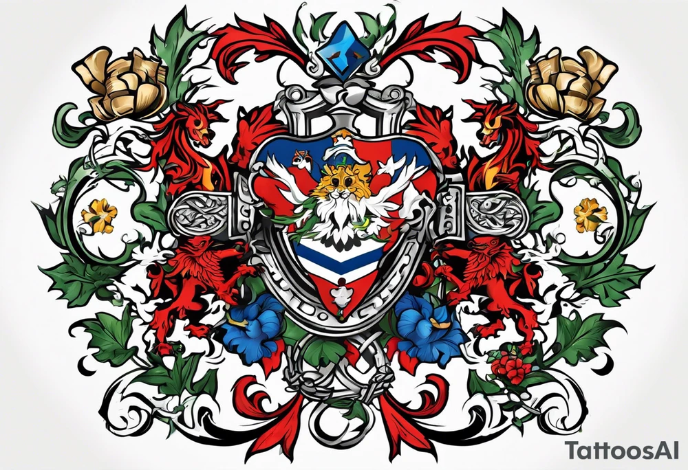 Merge the english, irish, scottish, welsh, german, croatian, serbian, slovak, slovenian, and czech heraldic elements intertwined in a harmonious and elegant manner. tattoo idea.the design should be symmetrical and suitable for a shoulder placement. tattoo idea