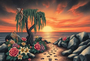Sunset galaxy. Rocky Dark Ocean.  fairies, mermiads, dragons  weeping willow garden with roses and lilies flower beds,,  cat paw prints path in dirt. tattoo idea