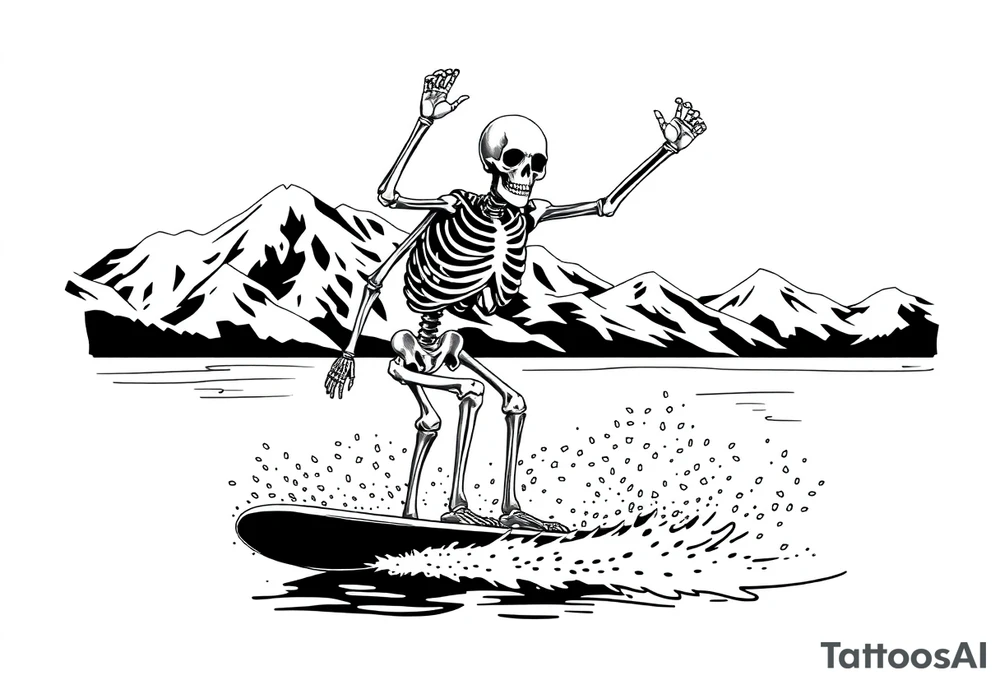 skeleton wakeboarding on lake, holding onto wakeboard handle with one han, other hand in the air, 
mountains in the background tattoo idea