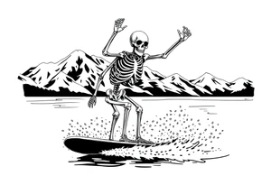 skeleton wakeboarding on lake, holding onto wakeboard handle with one han, other hand in the air, 
mountains in the background tattoo idea