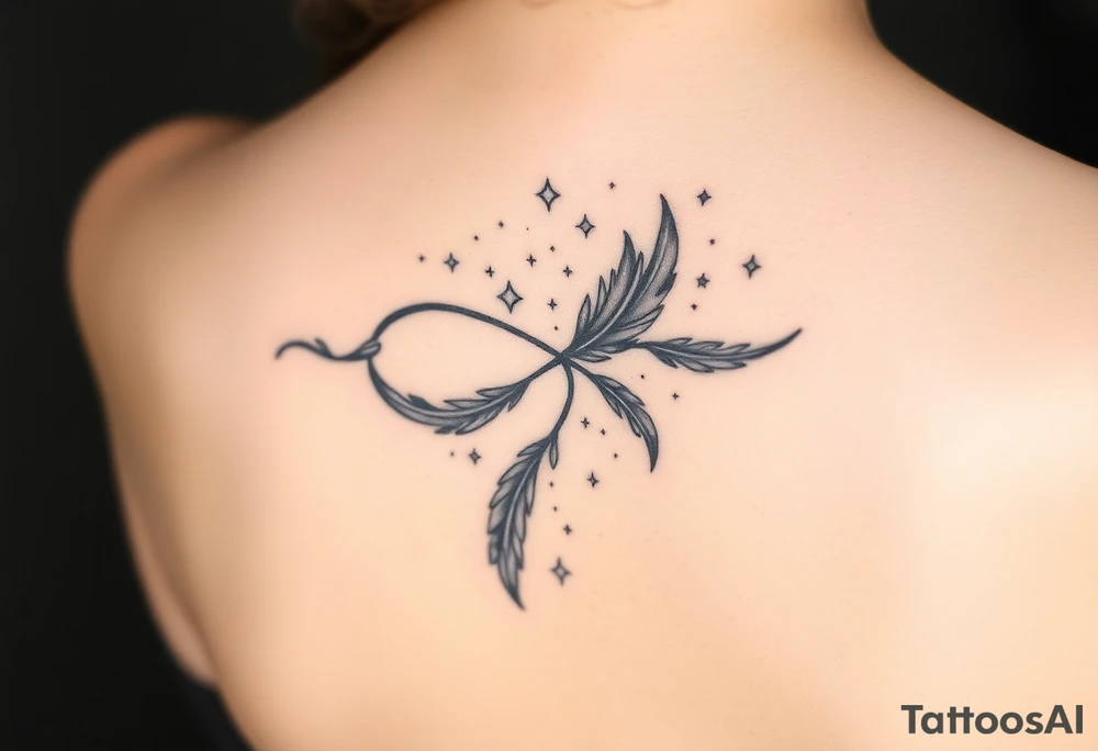 infinity symbol woven with floating feathers and stardust tattoo idea