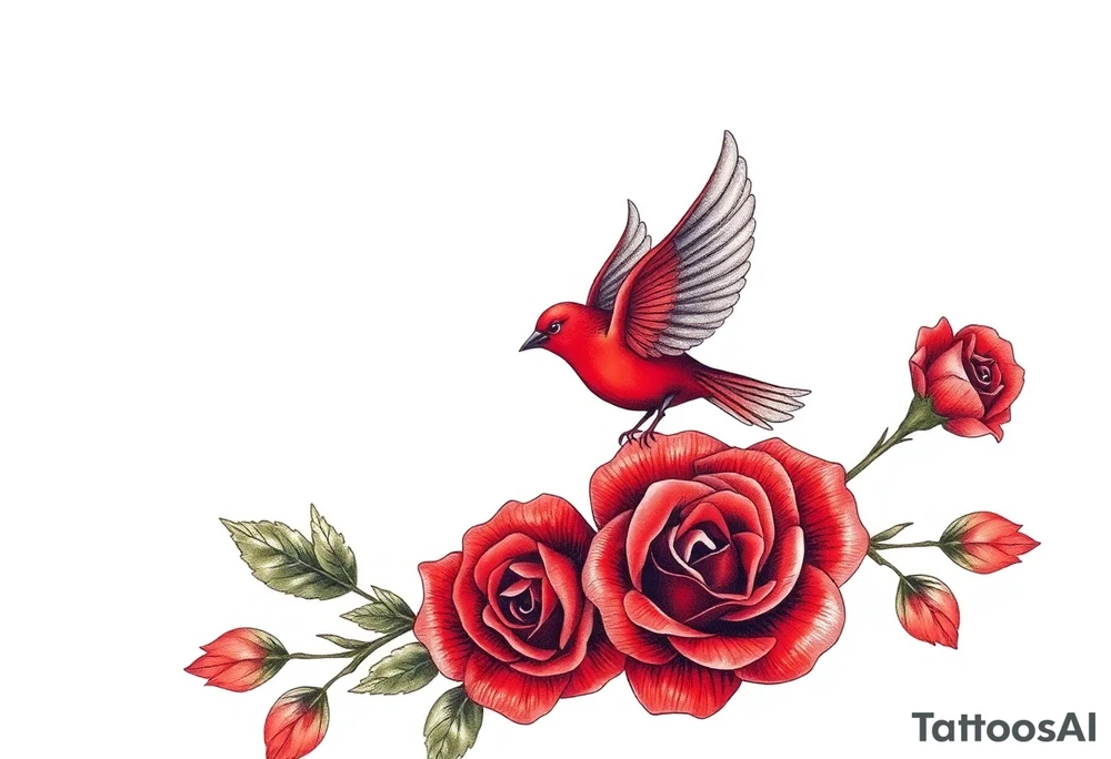 Vintage lace, red roses close together, bright red bird flying freely tattoo idea