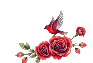 Vintage lace, red roses close together, bright red bird flying freely tattoo idea