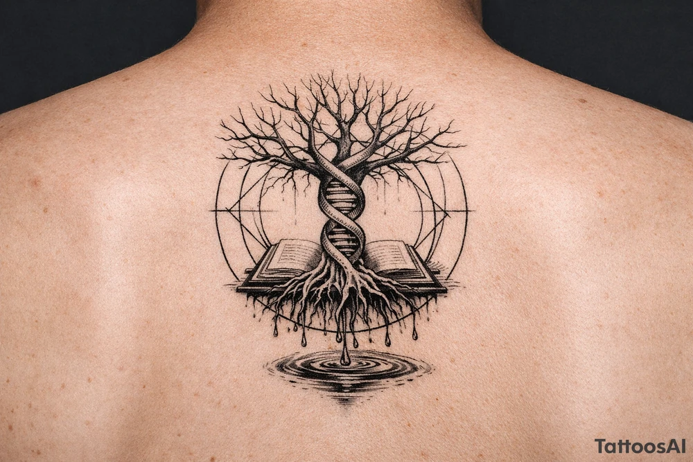 tree with dna spiral for trunk and bare branches, roots sprouting from an open book, water dripping from roots into a puddle, and geometric circles surrounding design tattoo idea