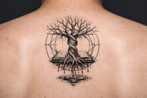 tree with dna spiral for trunk and bare branches, roots sprouting from an open book, water dripping from roots into a puddle, and geometric circles surrounding design tattoo idea