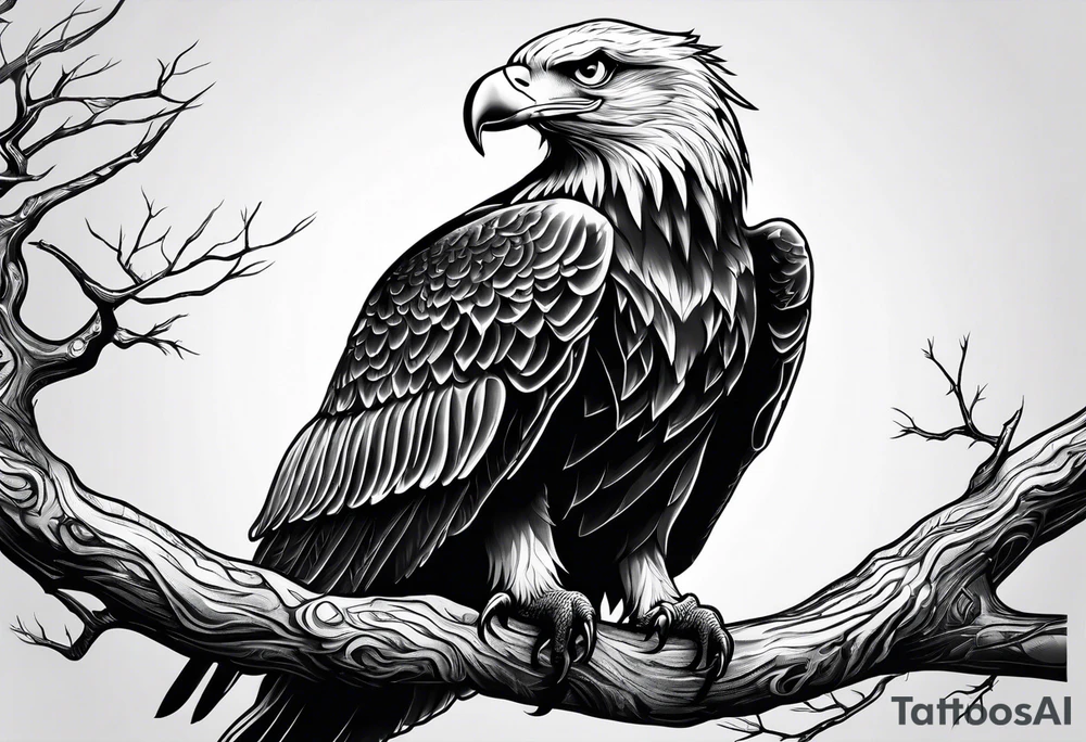 Bold eagle perched on branch tattoo idea