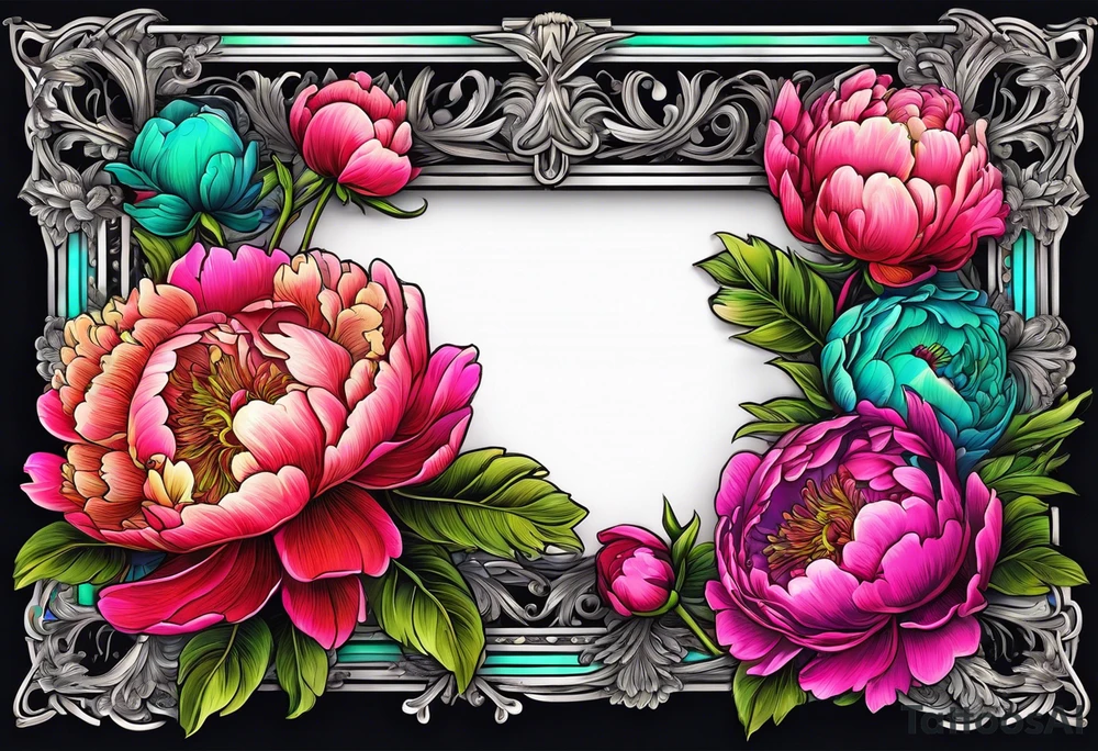 neon colorful peonies,neon colored, surrounding a beautiful intricate victorian style picture frame with filigree tattoo idea