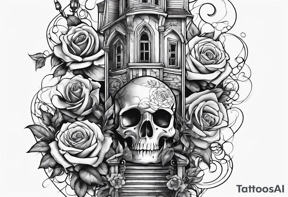 fool sleeve,, abandoned old gotic house, broken sword, roses, tattoo idea