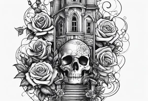 fool sleeve,, abandoned old gotic house, broken sword, roses, tattoo idea