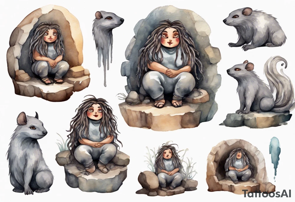 a plump mole woman with large round eyes, covered in grey fur with messy brown dreadlocks sitting in stone throne in a cave tattoo idea