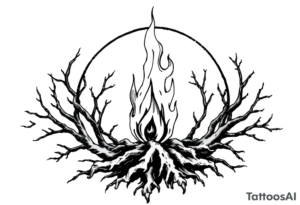 a flame imprisoned in a roots circle tattoo idea