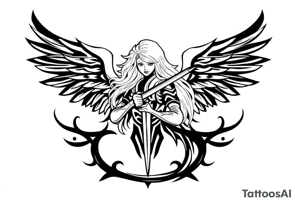 femme blonde cheveux long ondulé, un genou au sol  en armure de chevalier tenant épée vers le bas et de grandes ailes d'anges déployées tattoo idea