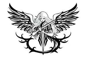 femme blonde cheveux long ondulé, un genou au sol  en armure de chevalier tenant épée vers le bas et de grandes ailes d'anges déployées tattoo idea