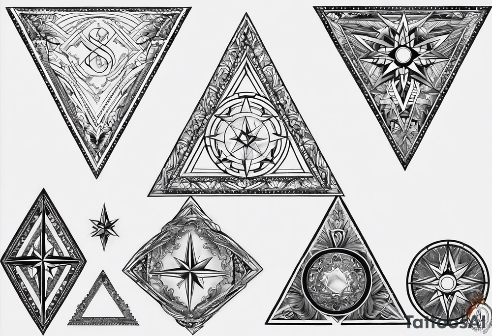 Fine line tattoo in the left forearm on the bottom side. The tattoo will have three shapes placed in a triangle formation. The top shape will be a either a plus sign or a heart that symbolizes health. The bottom left will have a compass rose or a shape symbol for purpose. The bottom right will have three circles placed in a triangle formation to symbolize family tattoo idea