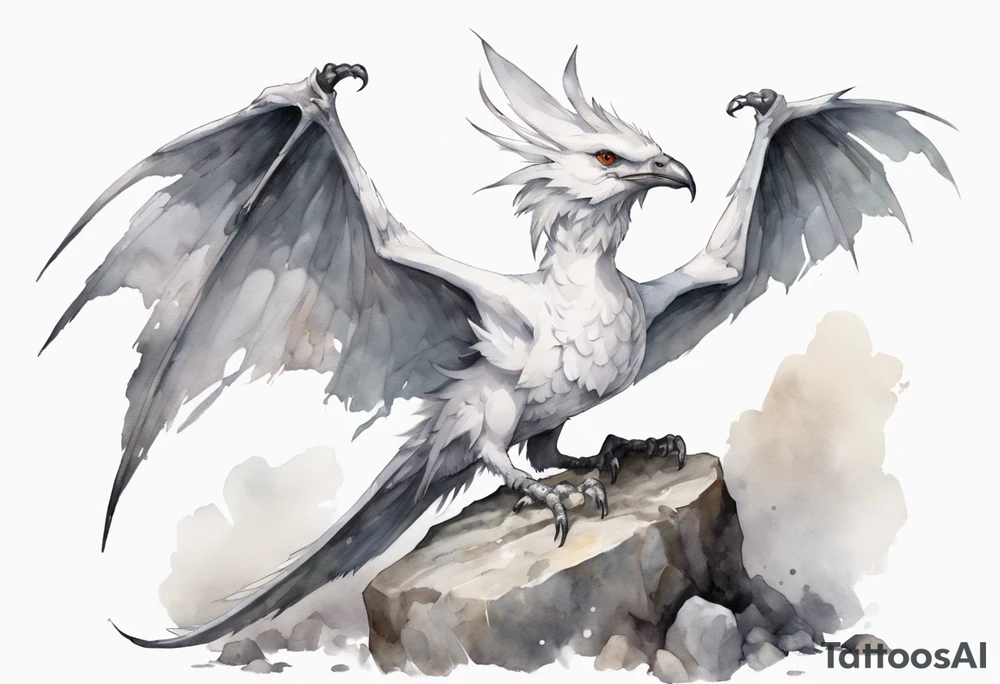 a white bird-wyvern hybrid, wearing a grey crown, perched on a stone tattoo idea