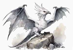 a white bird-wyvern hybrid, wearing a grey crown, perched on a stone tattoo idea