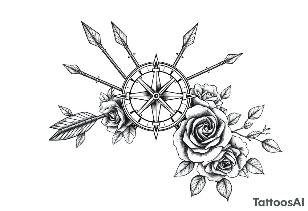 Detailed arrows with compass over top and beautiful rose vines around tattoo idea