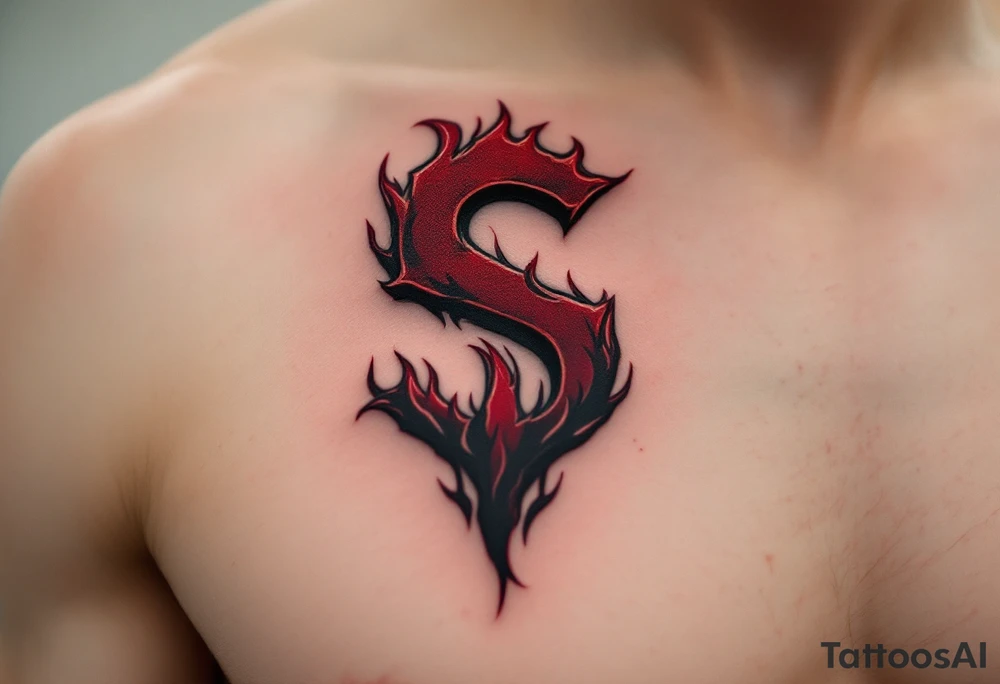 A bold red and burgundy Sparta “S” crest wrapped in black flames on the forearm. tattoo idea