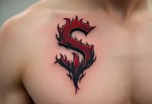 A bold red and burgundy Sparta “S” crest wrapped in black flames on the forearm. tattoo idea