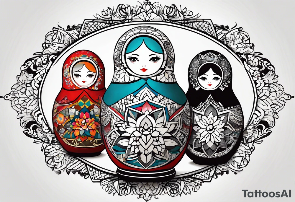 Matryoshka with geometric design,  with large pattern around it tattoo idea