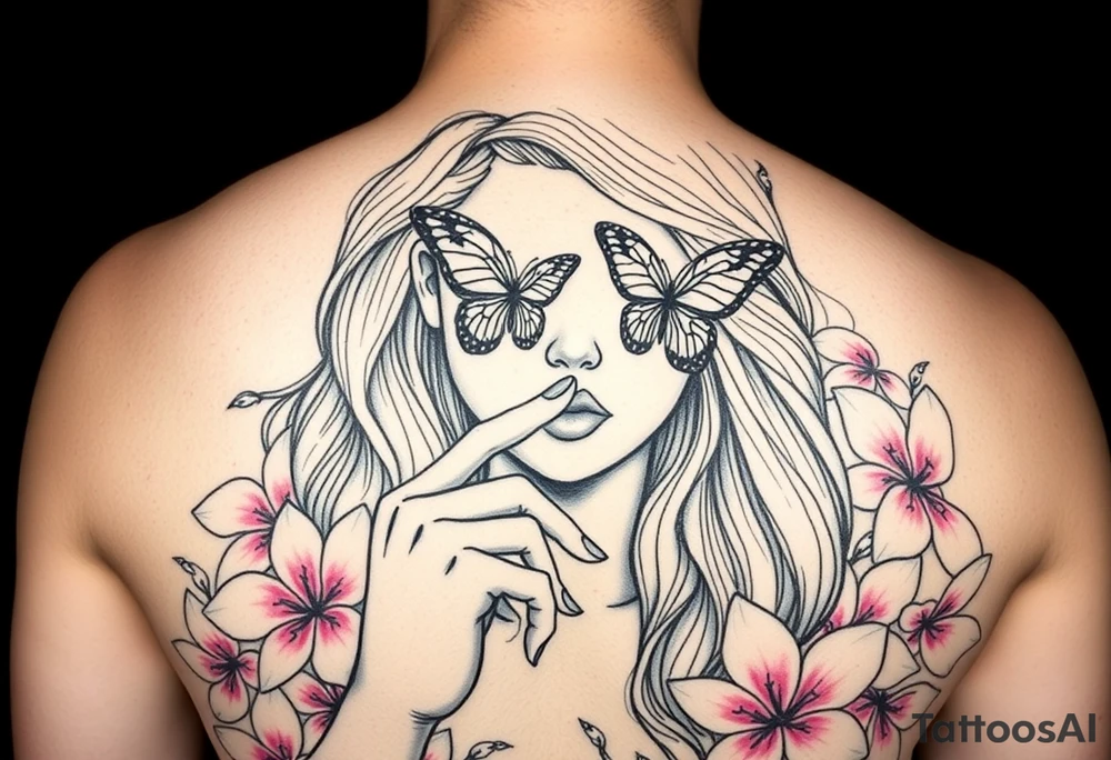 Womens realistic face with her long wavey hair flowing down. Her back  while she kneels down  naked on Her knees in Beautiful pink plumeria
 looking straight ahead her eyes are there but covered by a butterfly for each eye her small nose i seen her as she has her index finger to her lips as if saying keep it a secret or be quiet and her arm up with both hand to each of her ears as not trying to hear anything tattoo idea
