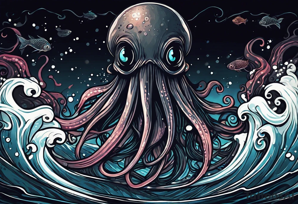 A visual representation of the horror squid concept, showing the squid becoming invisible in ink, its body turning black to blend in with its deep sea environment. The overall environment is dark, creating an eerie underwater atmosphere. tattoo idea