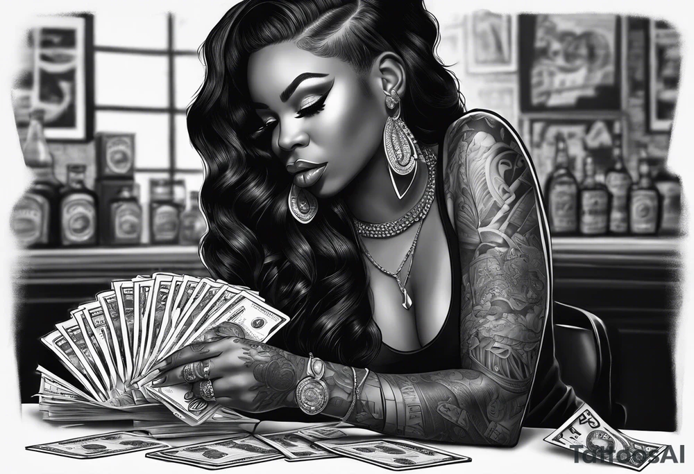 black woman bitting money dice cards whiskey tattoo idea