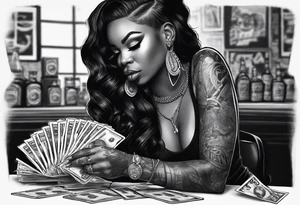 black woman bitting money dice cards whiskey tattoo idea