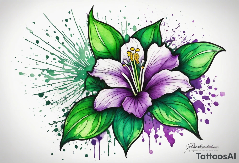 An outline of an only green rio dipladenia flower and a green and purple watercolor splash in the background tattoo idea