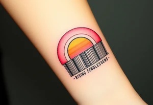 A barcode that transitions into a rising sun in red, orange and pink color saying rising endlessly tattoo idea