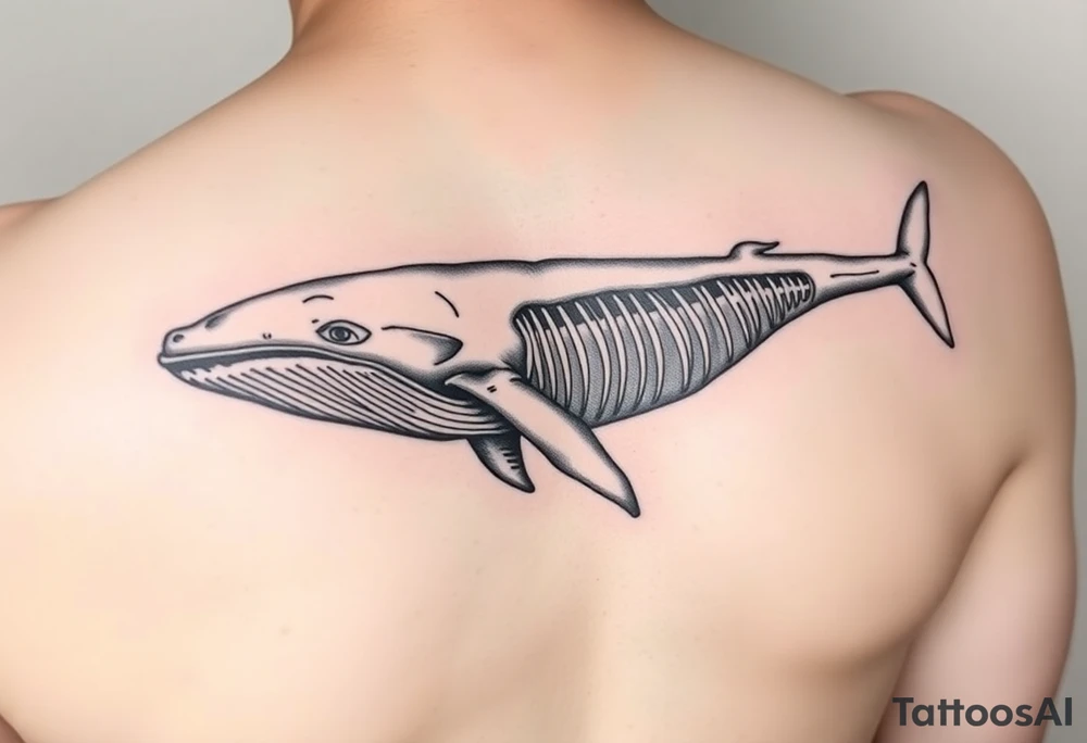 idea is basically a whale that's damaged and torn exposing the skeletal innerts, but it's still fiercely moving forward as hard as it can. on the outline of the whale to have the text : "ただただ生きるのは嫌だ。世界は残酷だ それでも君を愛すよ。" tattoo idea
