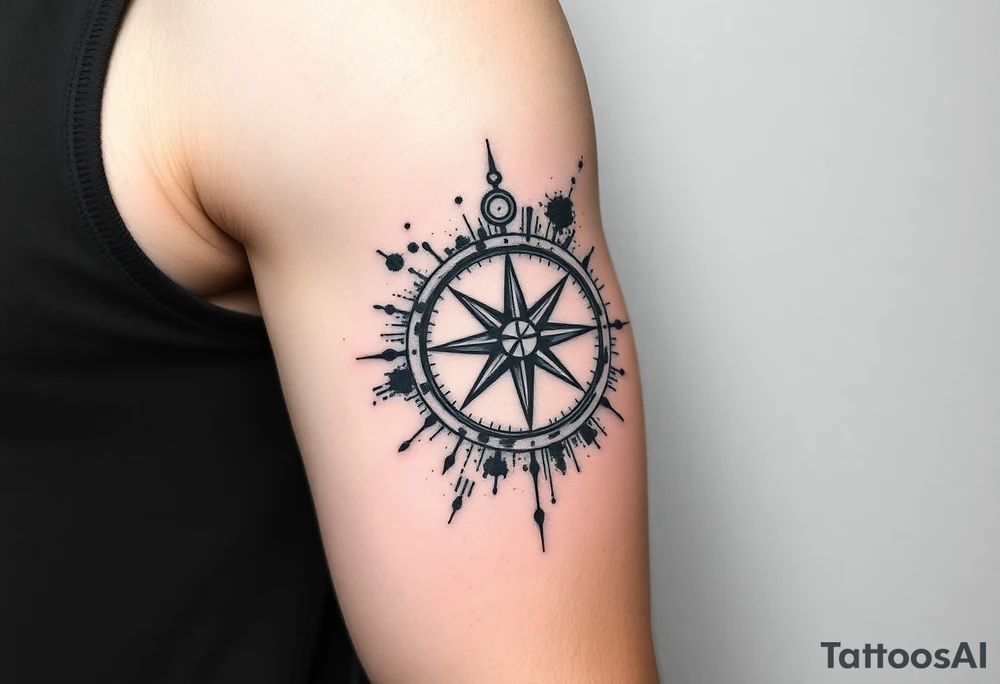 Compass tattoo in trash polka style with elements of blackwork, abstraction, geometry and sketch hatching, asymmetrical, torn, rough, with splashes and roughness, chaotic, raw and rough. tattoo idea