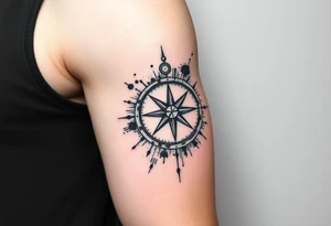 Compass tattoo in trash polka style with elements of blackwork, abstraction, geometry and sketch hatching, asymmetrical, torn, rough, with splashes and roughness, chaotic, raw and rough. tattoo idea