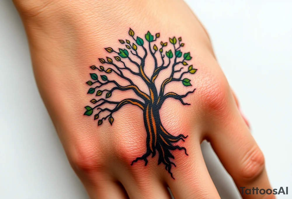 Vibrant tree of life Jamaican and Irish colours tattoo idea