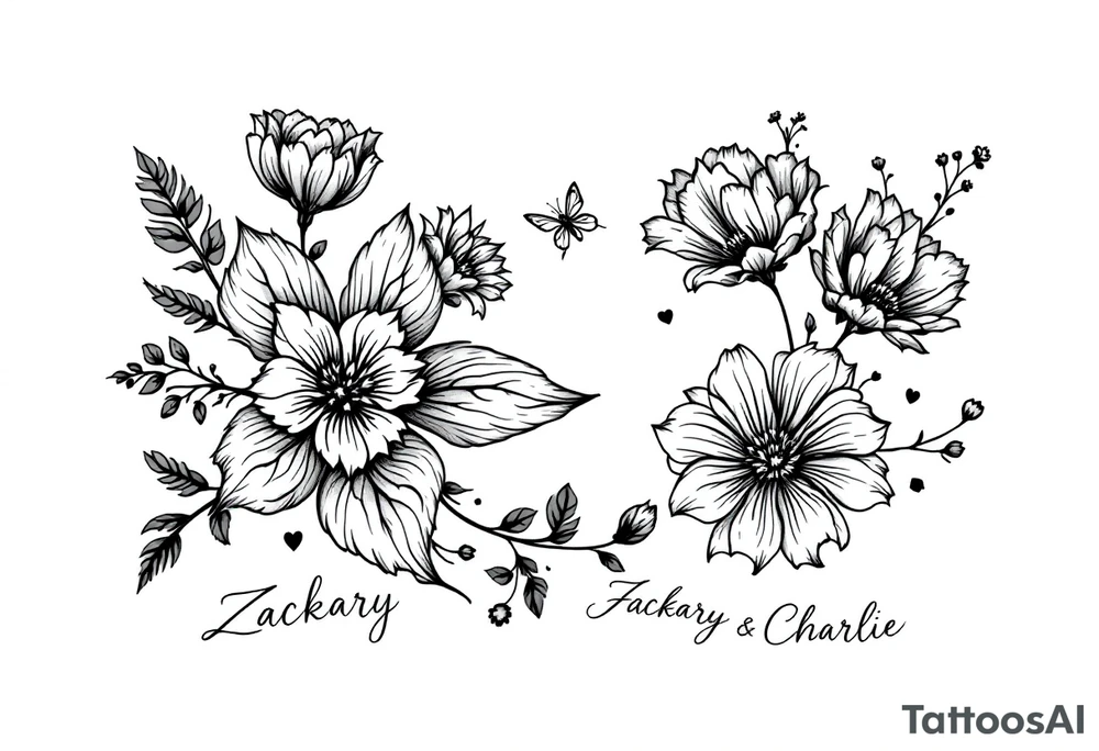 Flowers, heart and buttherfly with name Zackary and Charlie tattoo idea