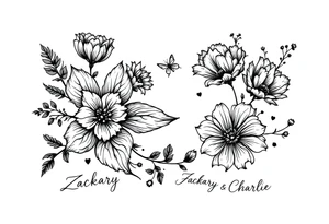 Flowers, heart and buttherfly with name Zackary and Charlie tattoo idea