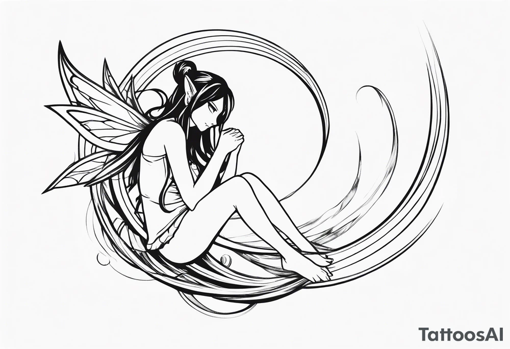 No color sideways sketch of a fairy with a tail inspired by the guild symbol in the anime show called Fairy Tail in a fetal position leaning forward while crawled in with hands a bit forward and her body is an angle while floating in the air tattoo idea