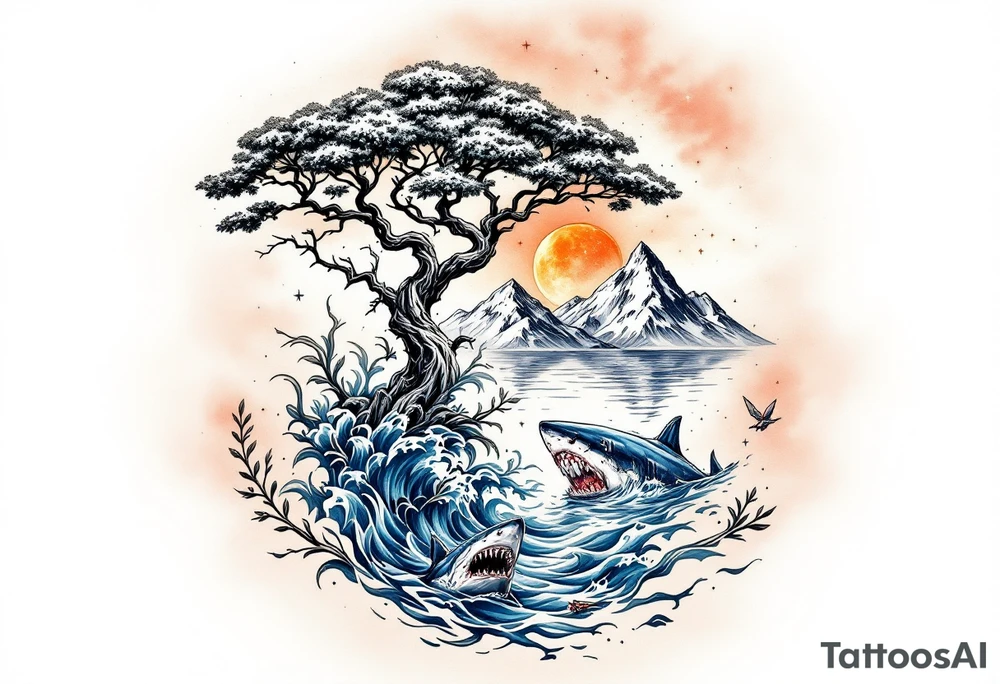tattoo that has an acacia tree with mountains, ocean with a ship wreck with sharks and the northern star tattoo idea